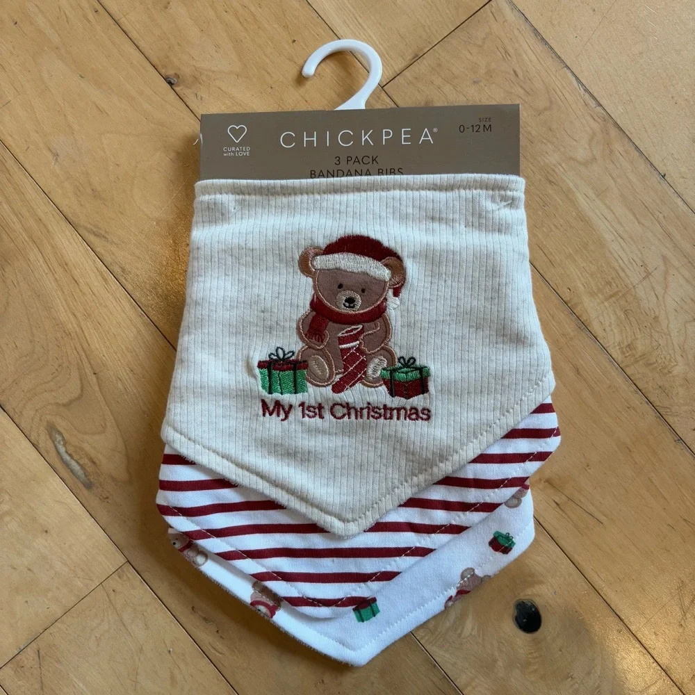 3 PC SET Christmas Teddy Bear Bandana Bibs Red Cream Green Size 0-12 months